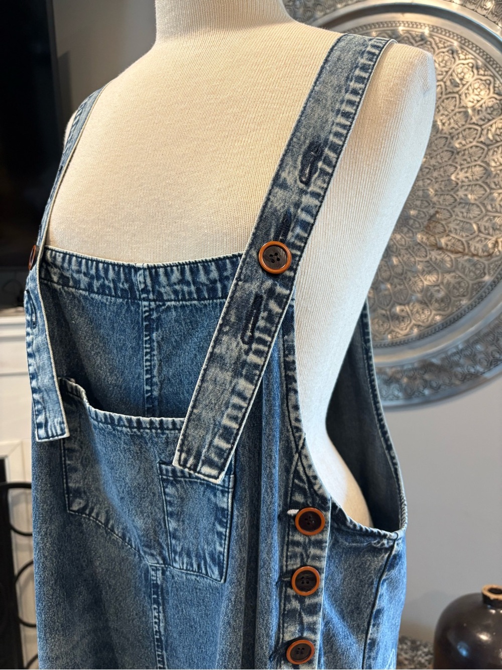 Easel Denim Bandana Patch Wide-Leg Overalls - Blue - Picture 4 of 14